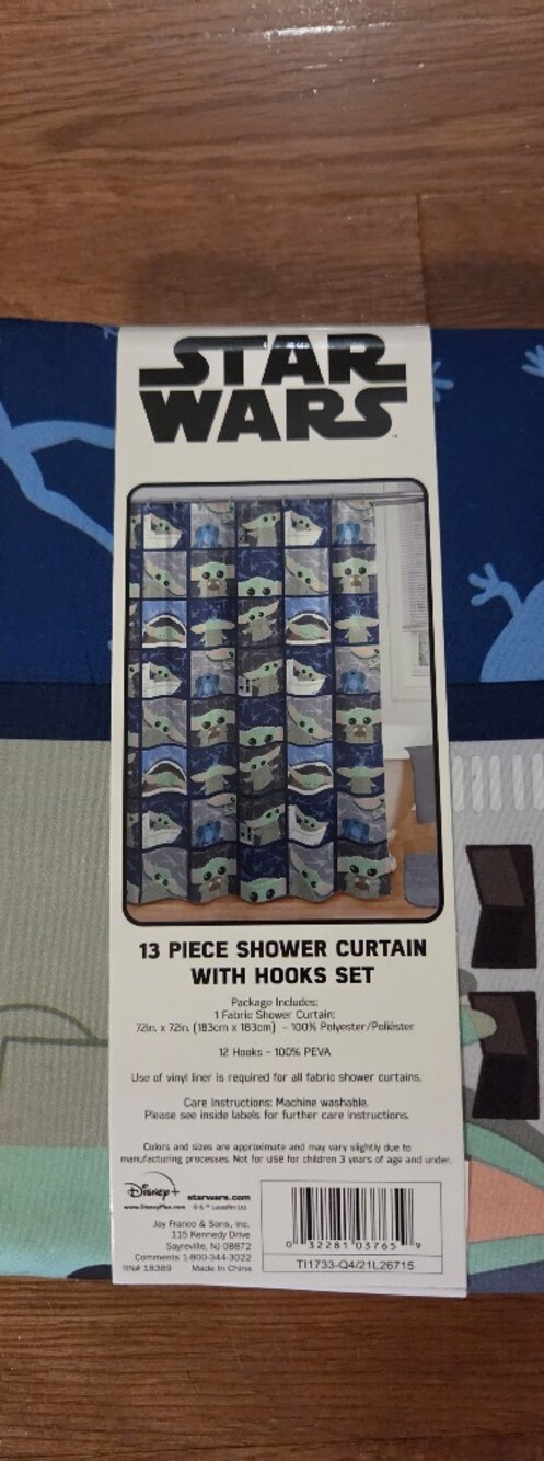 NWT Star Wars Shower Curtain, Grogu Motif in Blue and Green-With Hooks - Picture 2 of 2